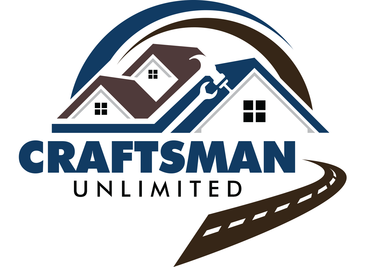 Logo with two house roofs, a wrench, and the text "Craftsman Unlimited" above a curving road.